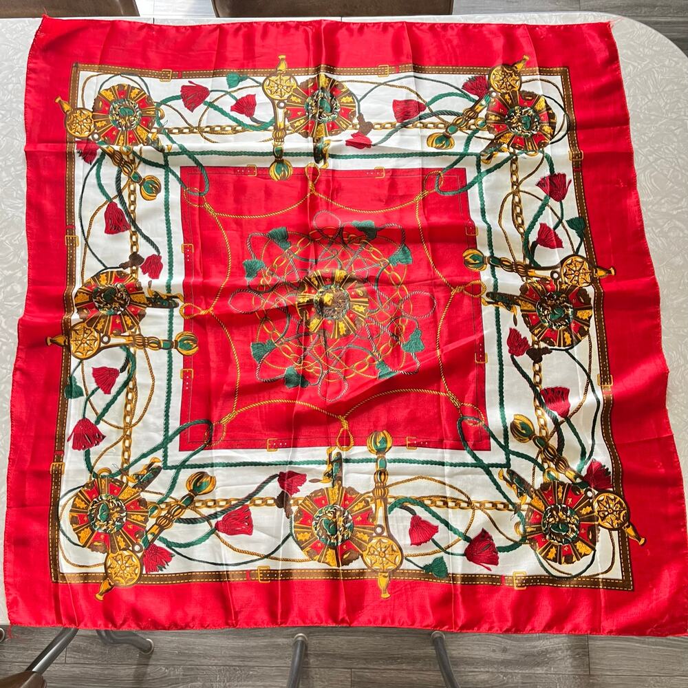 Vintage equestrian scarf large 36 inch square red gold chains ropes tassels buck